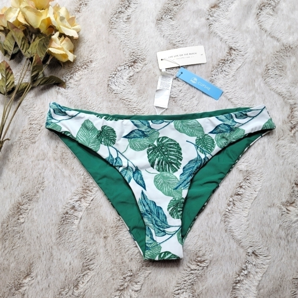 Cupshe Green Tropical Leaf Palm Print Bikini Swim Bottoms NWT Size L
